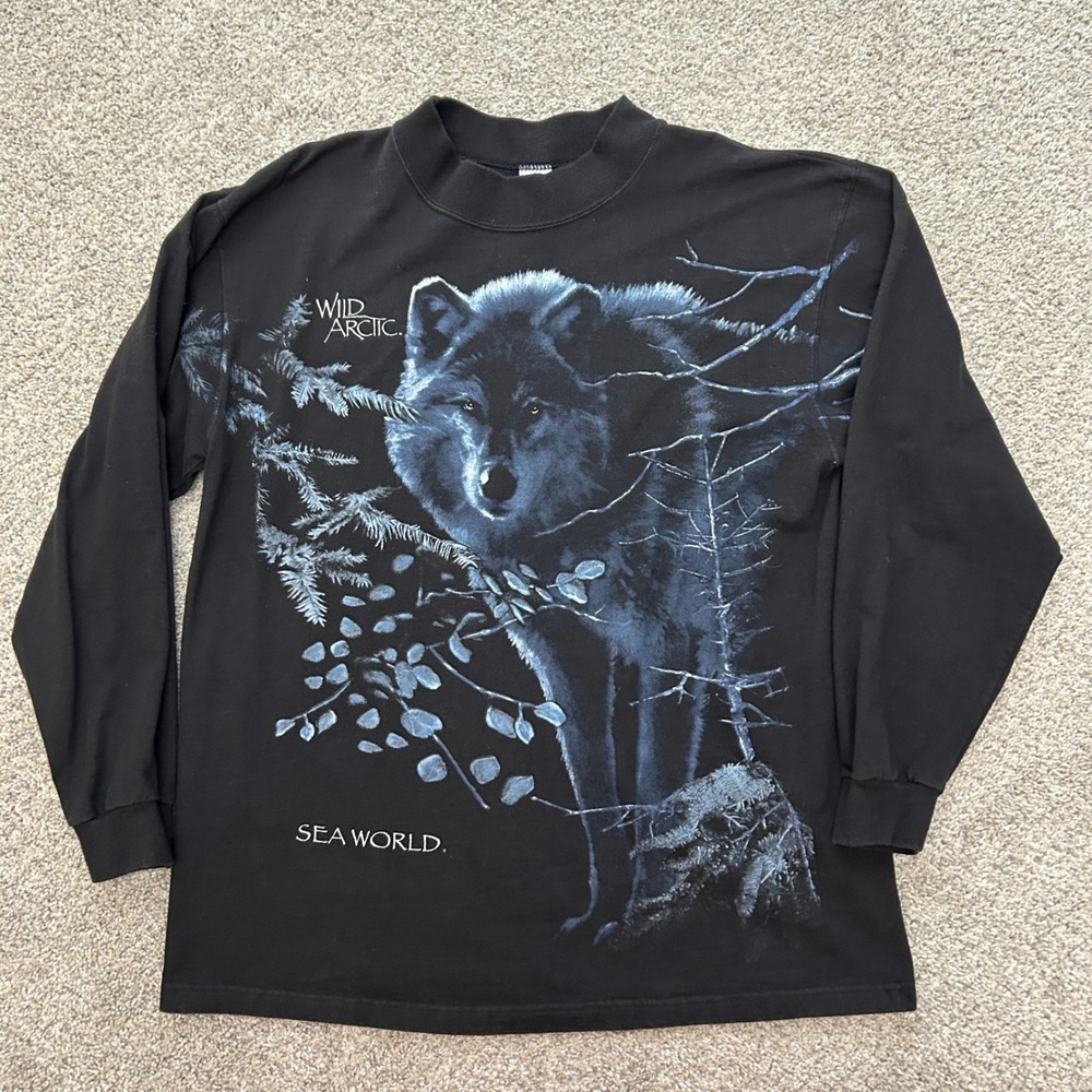 Turner Originals Sea World Long‎ Sleeve Shirt L Black Wild Arctic Wolf Vintage